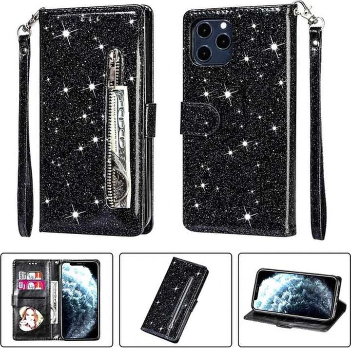 iPhone 12 Mini Hoesjes – Glitter Portemonneehoes – Ritsvak – Koord – Pasjeshouder – Zwart-Ilumina Benelux