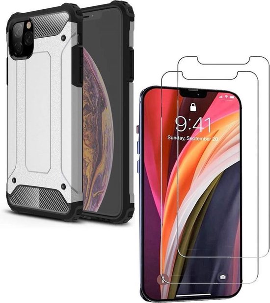 iPhone 12 Pro Hoesjes – Heavy Duty Backcover – Schokbestendig – Incl. 2x Screenprotector Gehard Glas – Zilver-Ilumina Benelux