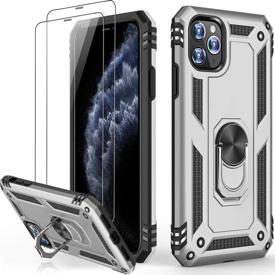 Zilveren iPhone 12 Pro ring armor hoesje met schokbestendige backcover en 2 gehard glas screenprotectors.