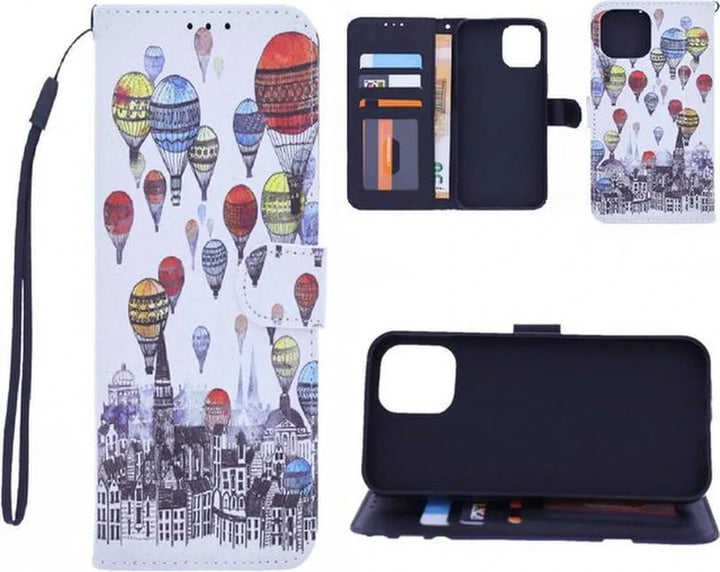 iPhone 12 Pro Max Hoesjes – Bookcase Portemonnee Hoes – Magneetsluiting – Air Balloon Print – Multicolor-Ilumina Benelux