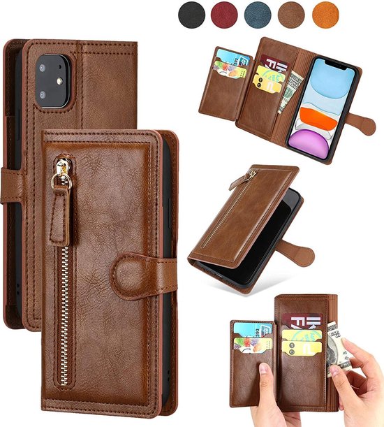 iPhone 12 Pro Max Hoesjes – Portemonnee Flipcover – Ritssluiting – 5 Pasjeshouder – Donkerbruin-Ilumina Benelux