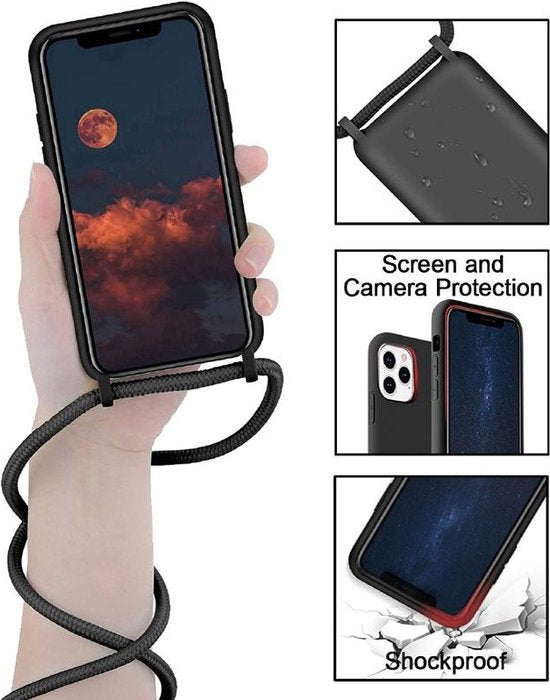 iPhone 12 Pro Max Hoesjes – Siliconen Backcover met Schouderkoord – Ketting – Zwart-Ilumina Benelux