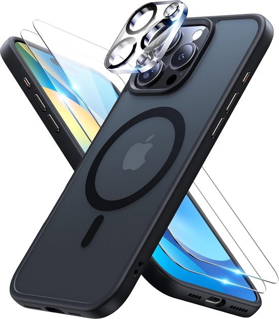iPhone 13 Hoesjes – Backcover met Camera Lens Protector – 2x Screenprotector – Magnetische Ring – Zwart-Ilumina Benelux