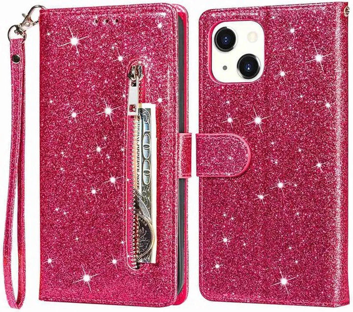 iPhone 13 Hoesjes – Glitter Portemonnee Case – Rits – Koord – Pasjeshouder – Roze-Ilumina Benelux