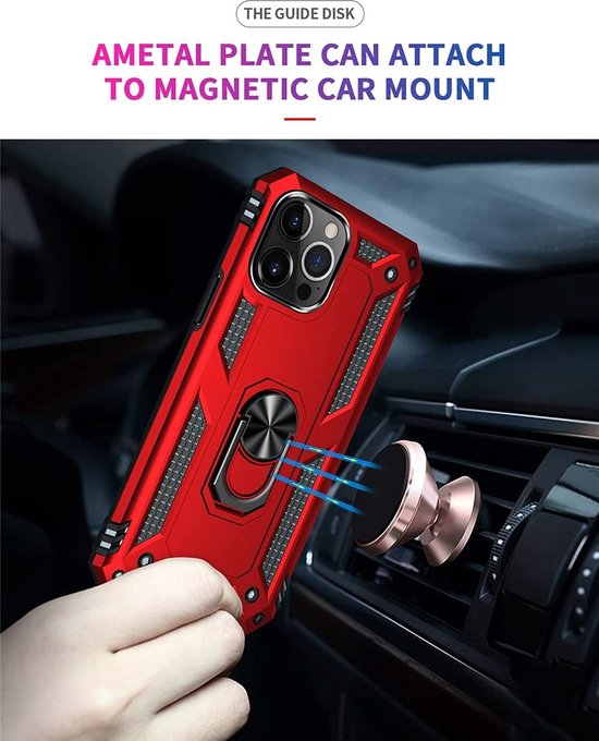 iPhone 13 Pro Hoesjes – Ring Armor Backcover – 360° Draaibare Standaard – Magneet – Rood-Ilumina Benelux
