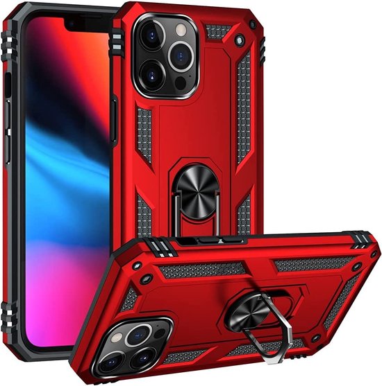 iPhone 13 Pro Hoesjes – Ring Armor Backcover – 360° Draaibare Standaard – Magneet – Rood-Ilumina Benelux