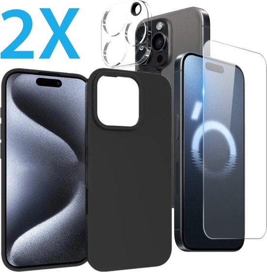 iPhone 13 Pro Max Hoesjes – Siliconen Backcover – Screenprotector Gehard Glas 2x – Camera Lens Protector 2x – Zwart-Ilumina Benelux