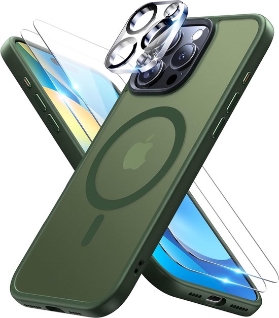 iPhone 14 Hoesjes – Backcover met Camera Lens Protector – 2x Screenprotector – Magnetische Ring – Groen-Ilumina Benelux