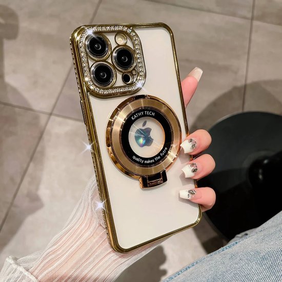 iPhone 14 Hoesjes – Diamanten Steentjes Backcover – Glanzend Design – Goud-Ilumina Benelux