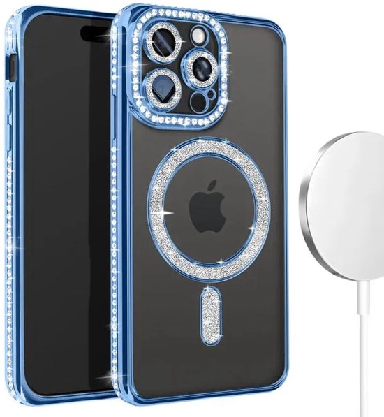 iPhone 14 Hoesjes – MagSafe Magnetische Backcover – Glitter Sparkle – Schokbestendig – Blauw-Ilumina Benelux