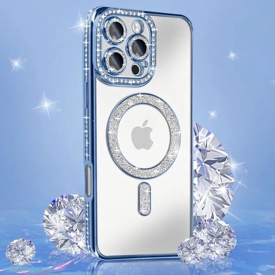 iPhone 14 Hoesjes – MagSafe Magnetische Backcover – Glitter Sparkle – Schokbestendig – Blauw-Ilumina Benelux