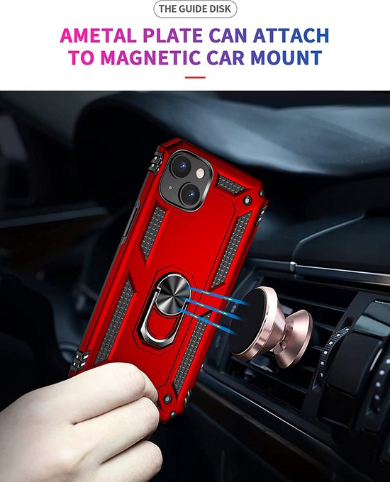 iPhone 14 Hoesjes – Ring Armor Backcover – Kickstand Ring – 360° Draaibaar – Magneet – Rood-Ilumina Benelux