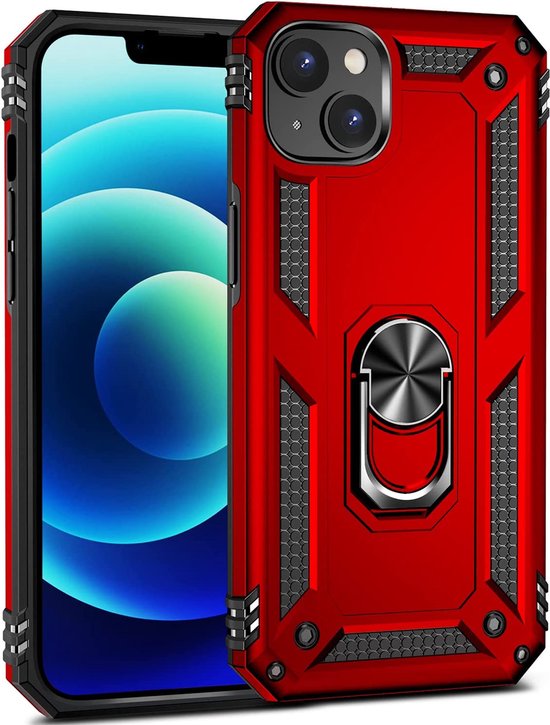 iPhone 14 Hoesjes – Ring Armor Backcover – Kickstand Ring – 360° Draaibaar – Magneet – Rood-Ilumina Benelux