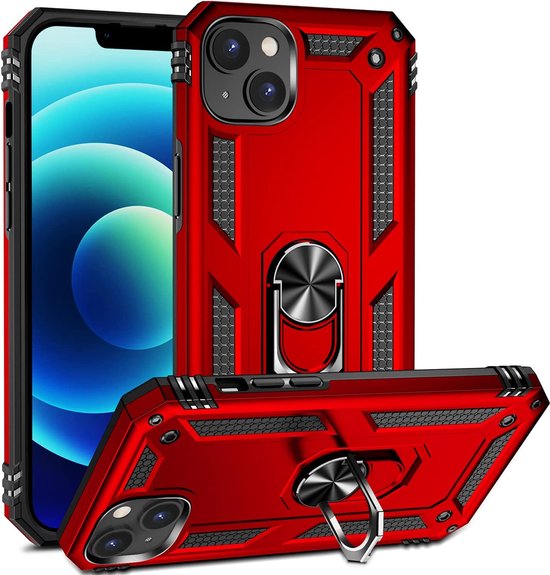 iPhone 14 Hoesjes – Ring Armor Backcover – Kickstand Ring – 360° Draaibaar – Magneet – Rood-Ilumina Benelux