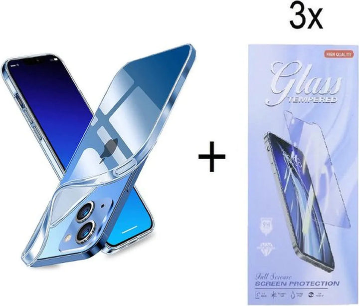iPhone 14 Hoesjes – Siliconen Backcover + 3x Screenprotector – Gehard Glas – Anti-kras – Transparant-Ilumina Benelux