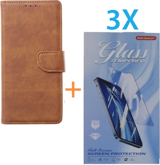 iPhone 14 Plus Hoesjes – Bookcase Portemonnee Hoes – Pasjeshouder – 3x Screenprotector Gehard Glas – Lichtbruin-Ilumina Benelux