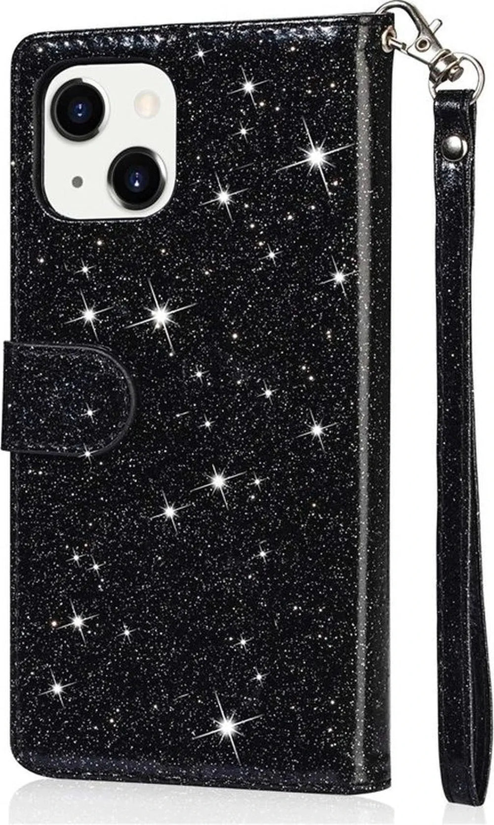 iPhone 14 Plus Hoesjes – Glitter Portemonnee Case – Rits – Koord & Pasjeshouder – Zwart-Ilumina Benelux