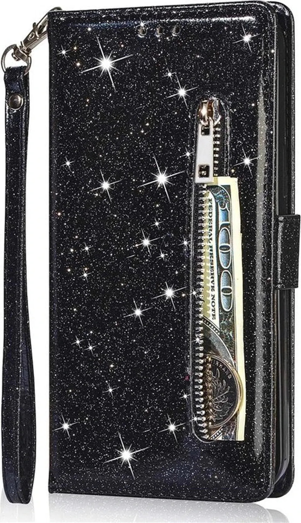 iPhone 14 Plus Hoesjes – Glitter Portemonnee Case – Rits – Koord & Pasjeshouder – Zwart-Ilumina Benelux