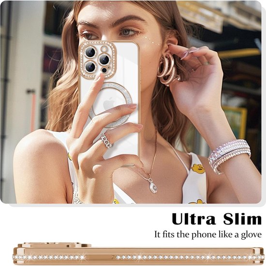 iPhone 14 Plus Hoesjes – MagSafe Magnetisch – Glitter Sparkle Backcover – Schokbestendig – Goud-Ilumina Benelux