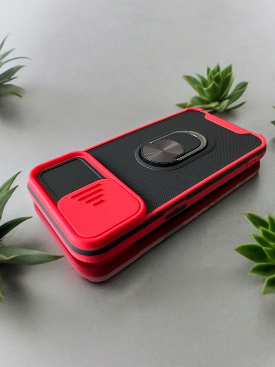 iPhone 14 Pro Hoesjes – Camshield Backcover – Schokbestendig – Draaibare Ring – Magneet Houder Compatibel – Rood-Ilumina Benelux
