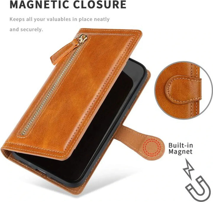 iPhone 14 Pro Max Hoesjes – Bookcase Portemonnee – Ritssluiting – Magnetisch – 5 Pasjes – Lichtbruin-Ilumina Benelux