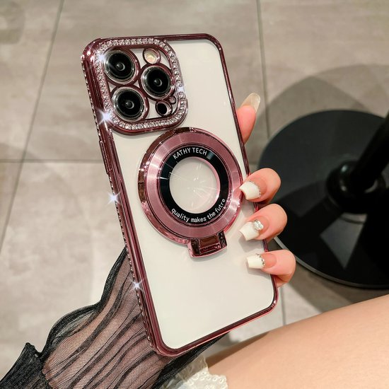 iPhone 14 Pro Max Hoesjes – Diamanten Steentjes Backcover – Glitterschijn – Roze-Ilumina Benelux