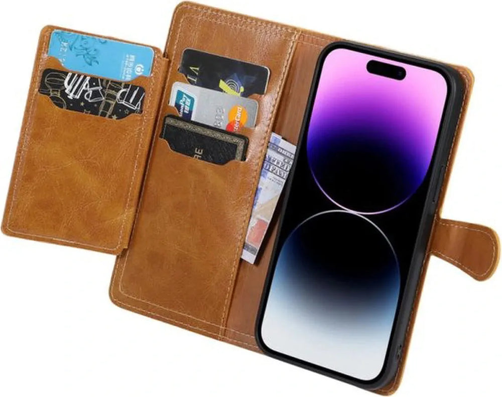 iPhone 15 Plus Hoesjes – Bookcase Flipcover met Ritssluiting – Magnetisch – 5 Pasjeshouder – Lichtbruin-Ilumina Benelux