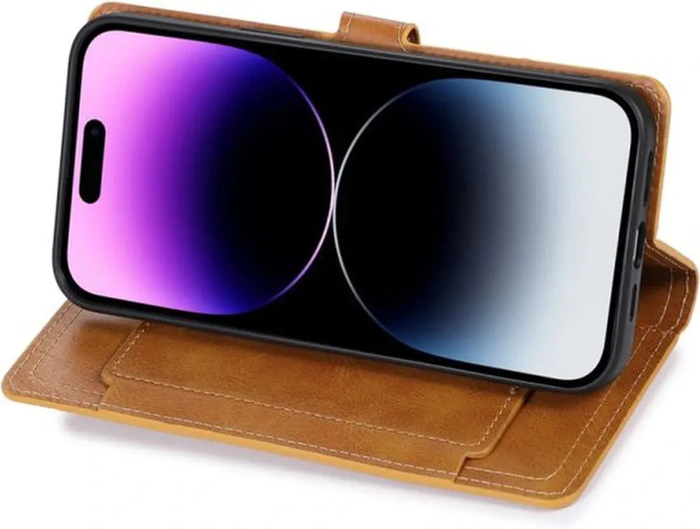 iPhone 15 Plus Hoesjes – Bookcase Flipcover met Ritssluiting – Magnetisch – 5 Pasjeshouder – Lichtbruin-Ilumina Benelux