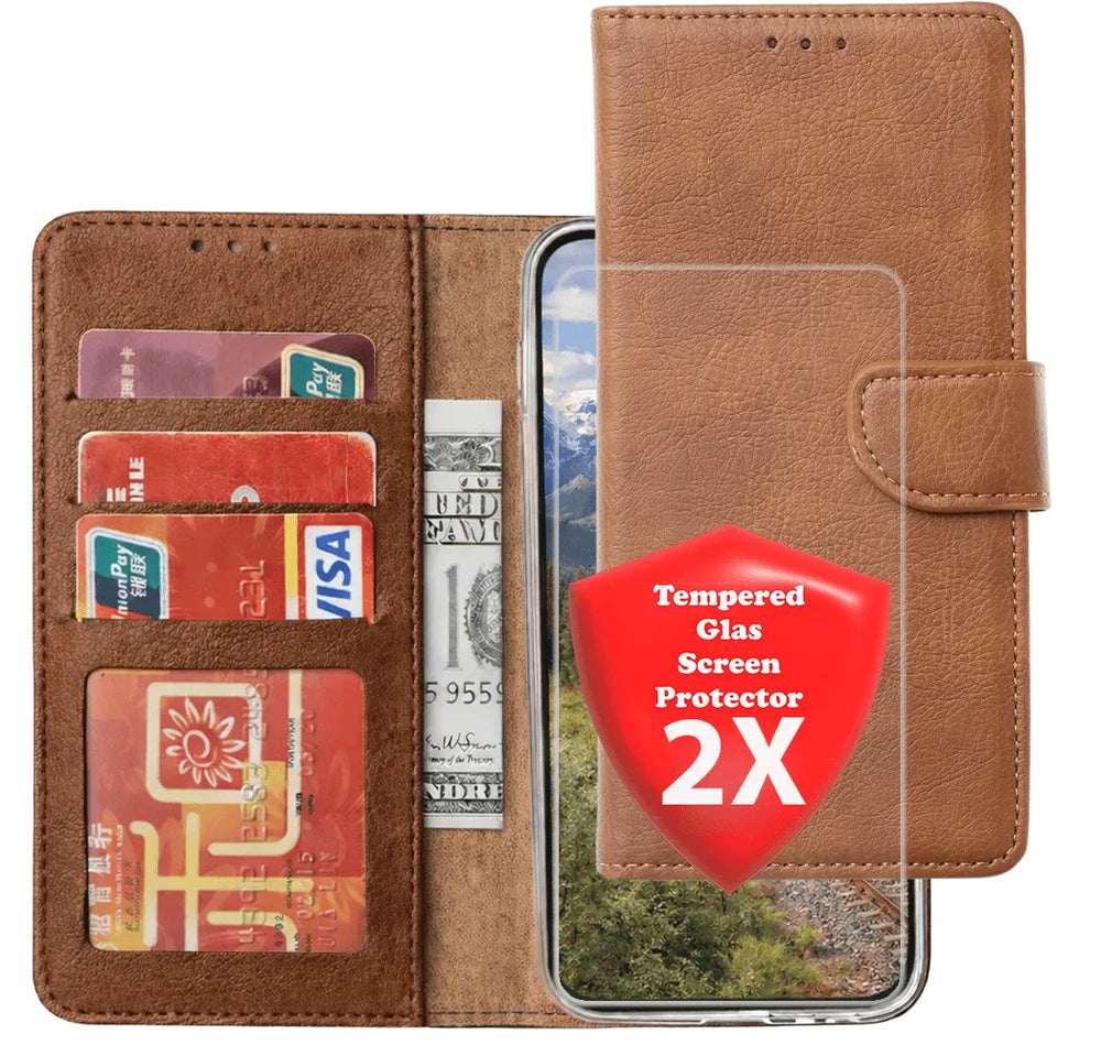 iPhone 15 Plus Hoesjes – Portemonnee Hoes – Pasjeshouder – 2x Screenprotector – Lichtbruin-Ilumina Benelux