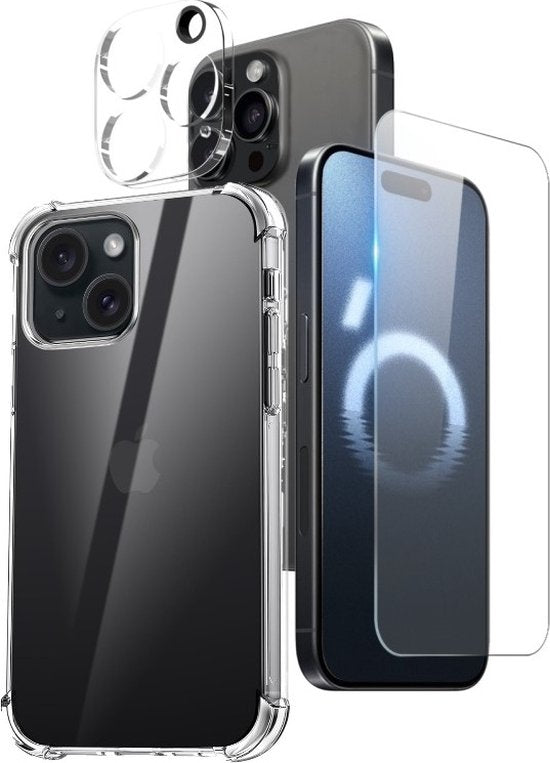 iPhone 15 Pro Max Hoesjes – Anti-Shock Siliconen Backcover – Transparant – Met Screenprotector & Camera Lens Protector-Ilumina Benelux
