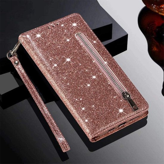 iPhone 15 Pro Max Hoesjes – Glitter Portemonnee Case – Rits – Koord – Pasjeshouder – Roségoud-Ilumina Benelux