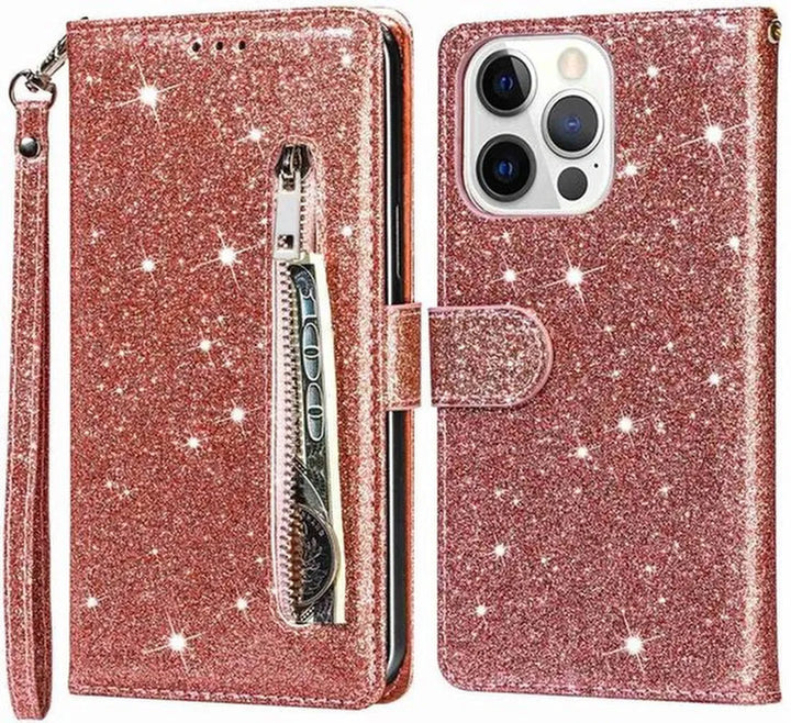 iPhone 15 Pro Max Hoesjes – Glitter Portemonnee Case – Rits – Koord – Pasjeshouder – Roségoud-Ilumina Benelux