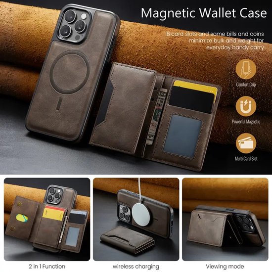 iPhone 15 Pro Max Hoesjes – MagSafe Wallet Case – Pasjeshouder 8 Kaartvakken – RFID-bescherming – Bruin-Ilumina Benelux