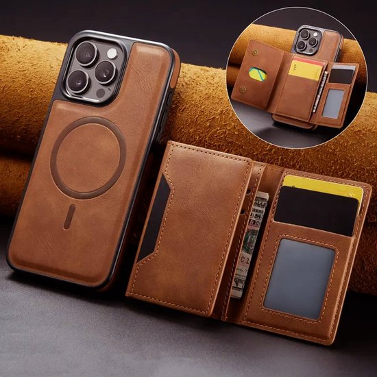iPhone 15 Pro Max Hoesjes – MagSafe Wallet Case – Pasjeshouder 8 Kaartvakken – RFID-bescherming – Bruin-Ilumina Benelux