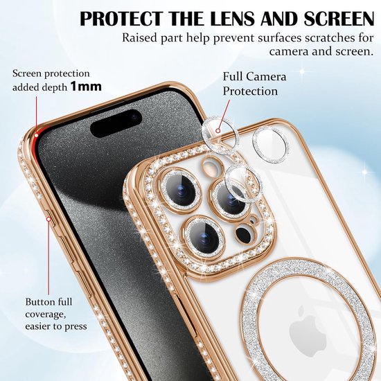 iPhone 16 Hoesjes – MagSafe Magnetische Backcover – Glitter Sparkle – Schokbestendig – Goud-Ilumina Benelux