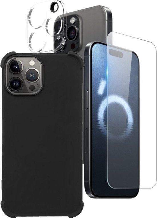 iPhone 16 Plus Hoesjes – Anti-shock Siliconen Backcover – Screenprotector Gehard Glas – Camera Lens Protector – Zwart-Ilumina Benelux