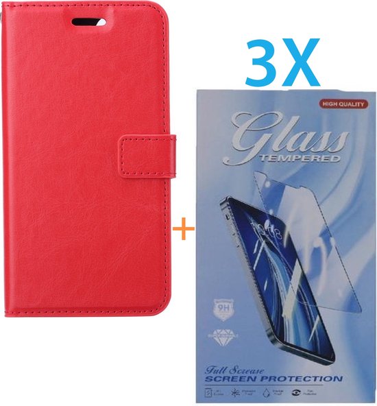 iPhone 16 Plus Hoesjes – Portemonnee Hoes – Pasjeshouder – 3x Screenprotector Gehard Glas – Rood-Ilumina Benelux