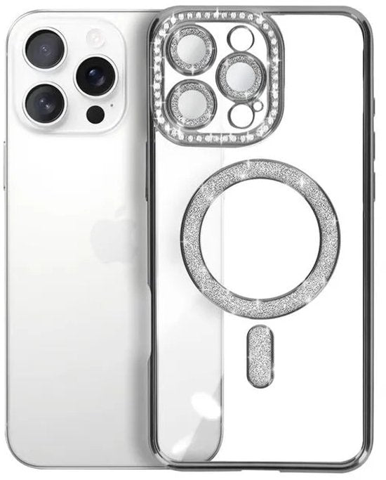 iPhone 16 Pro Hoesjes – MagSafe Glitter Backcover – Diamantjes – Glamour – Zilver-Ilumina Benelux