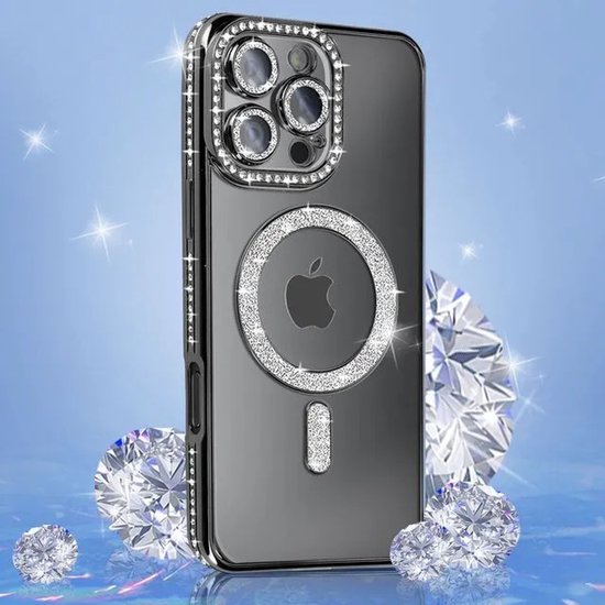 iPhone 16 Pro Hoesjes – MagSafe Glitter Backcover – Diamantjes – Glamour – Zwart-Ilumina Benelux