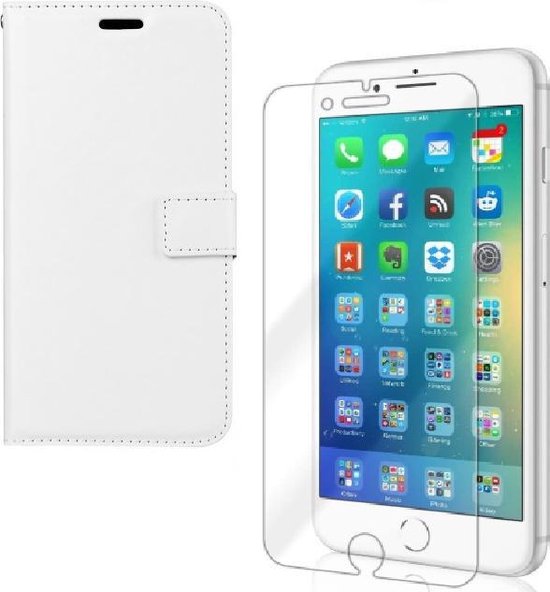 iPhone 7 Plus/8 Plus Hoesjes – Portemonnee Bookcase – Pasjeshouder – 2x Screenprotector Gehard Glas – Wit-Ilumina Benelux