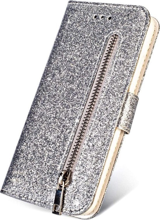 iPhone SE 2020/2022/7/8 Hoesjes – Glitter Portemonnee Case – Rits – Koord – Pasjeshouder – Zilver-Ilumina Benelux