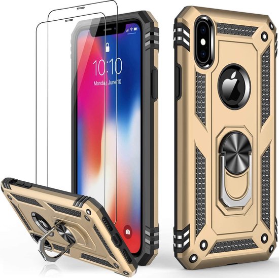 iPhone XR Hoesjes – Ring Armor Backcover – Schokbestendig – 2x Gehard Glas Screenprotector – Goud-Ilumina Benelux