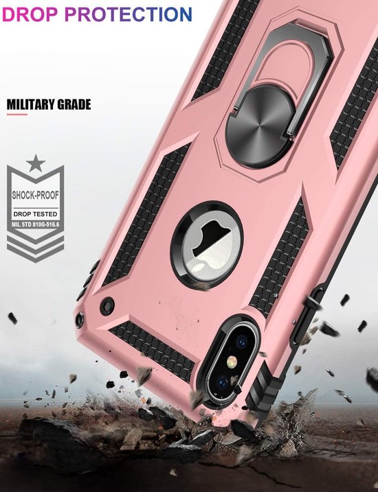 Roségoud iPhone XR Ring Armor Backcover met schokbestendige militaire-grade bescherming en geïntegreerde ringhouder.