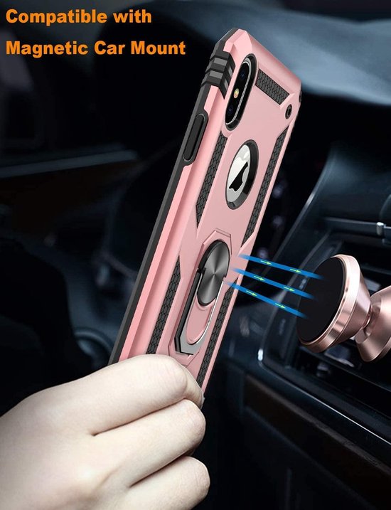 Roségoud iPhone XR ring armor hoesje met schokbestendige textuur, bevestigd aan een magnetische autohouder.