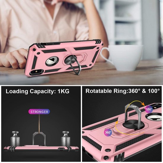 Roségoud iPhone XR Ring Armor Backcover met schokbestendige constructie en draaibare ringstandaard.