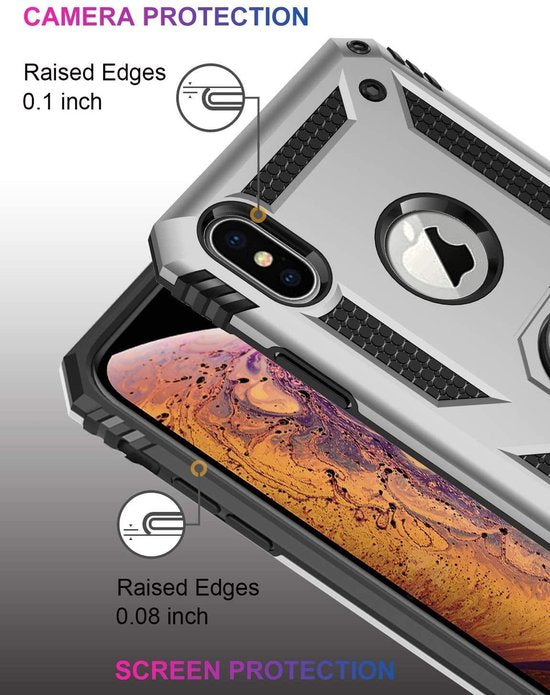 iPhone XS Max Hoesjes – Ring Armor Backcover – Schokbestendig – 2x Gehard Glas Screenprotector – Zilver-Ilumina Benelux