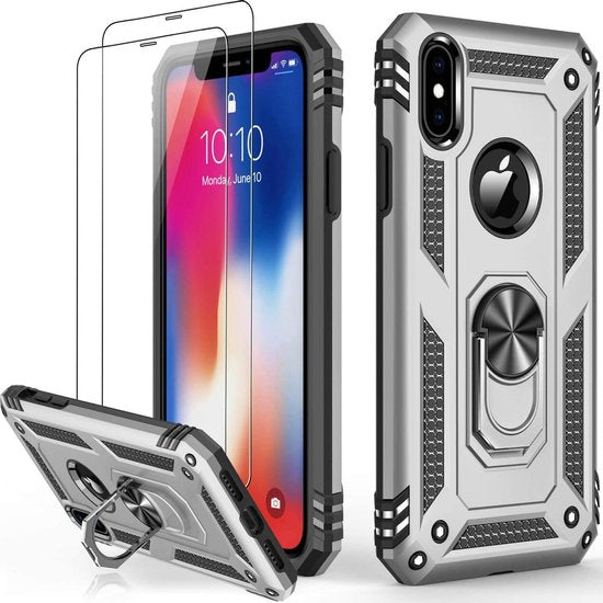 iPhone XS Max Hoesjes – Ring Armor Backcover – Schokbestendig – 2x Gehard Glas Screenprotector – Zilver-Ilumina Benelux
