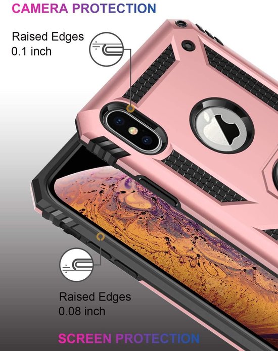 Roségouden iPhone X/XS Ring Armor hoesje met schokbestendige backcover en verhoogde randen voor camera- en schermbescherming.