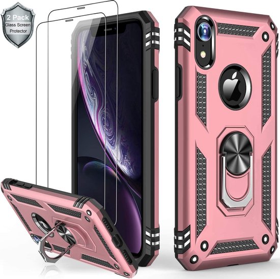 Roségouden iPhone X/XS Ring Armor backcover met schokbestendige constructie en 2 glazen screenprotectors.