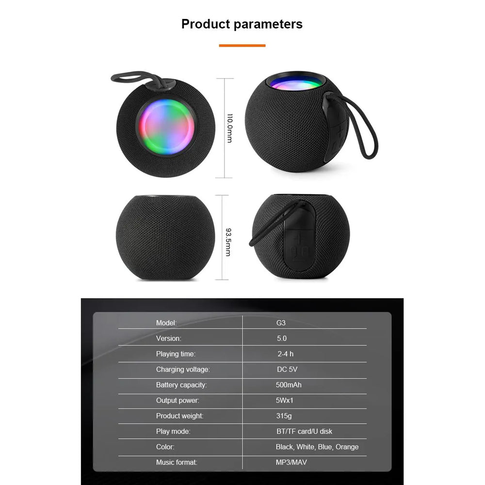 RGB Bluetooth Speaker 5W – Draadloze Mini Luidspreker met FM Radio, USB, TF Kaart, AUX & IPX4 Waterbestendig